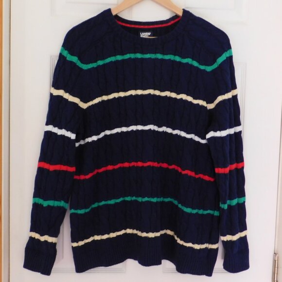 Lands' End Drifter Sweater Crewneck Cable Knit Size Large Cable Knit Striped - Picture 6 of 6